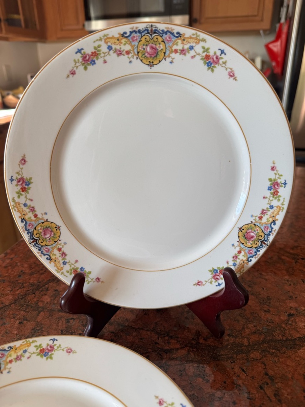 Set of 3 Antique Floral Gold-Rim Dinner Plates